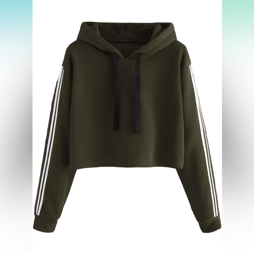 Dark Olive‎ Cropped Hoodie with Striped Sleeves